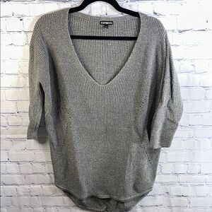 ✨ Express Gray Metallic Shimmer Sweater - V-Neck, Three-Quarter Sleeve, Size Sm